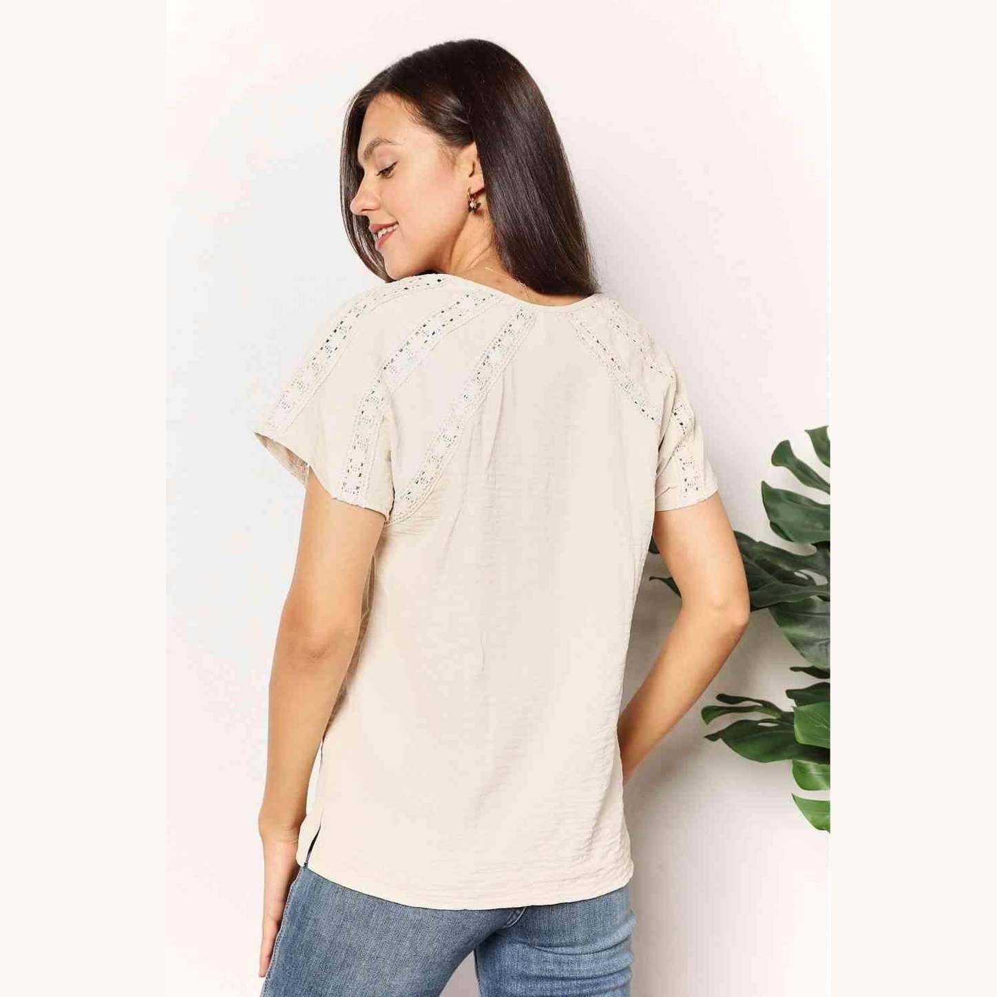 Trendsi double take crochet top in beige with delicate crochet detailing on sleeves
