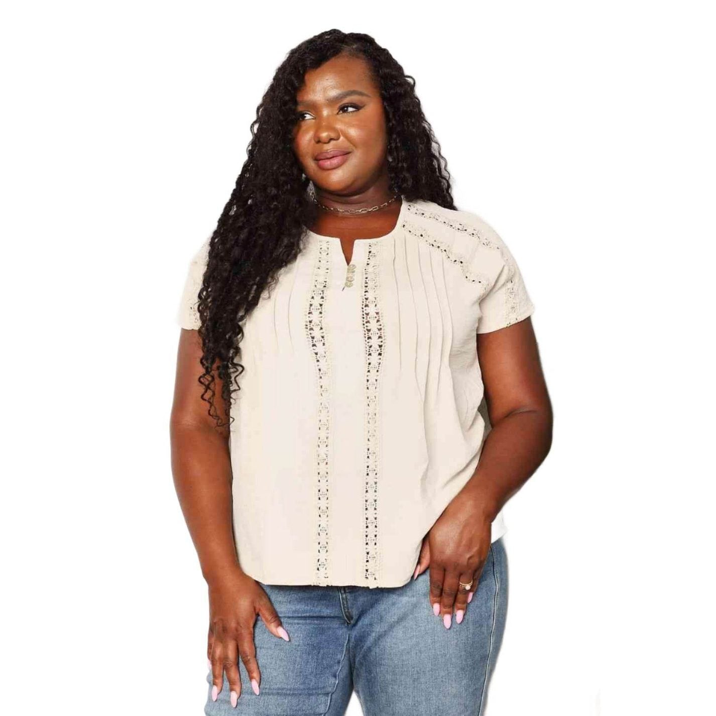 Trendsi double take crochet top in beige with pleated design and short sleeves for women