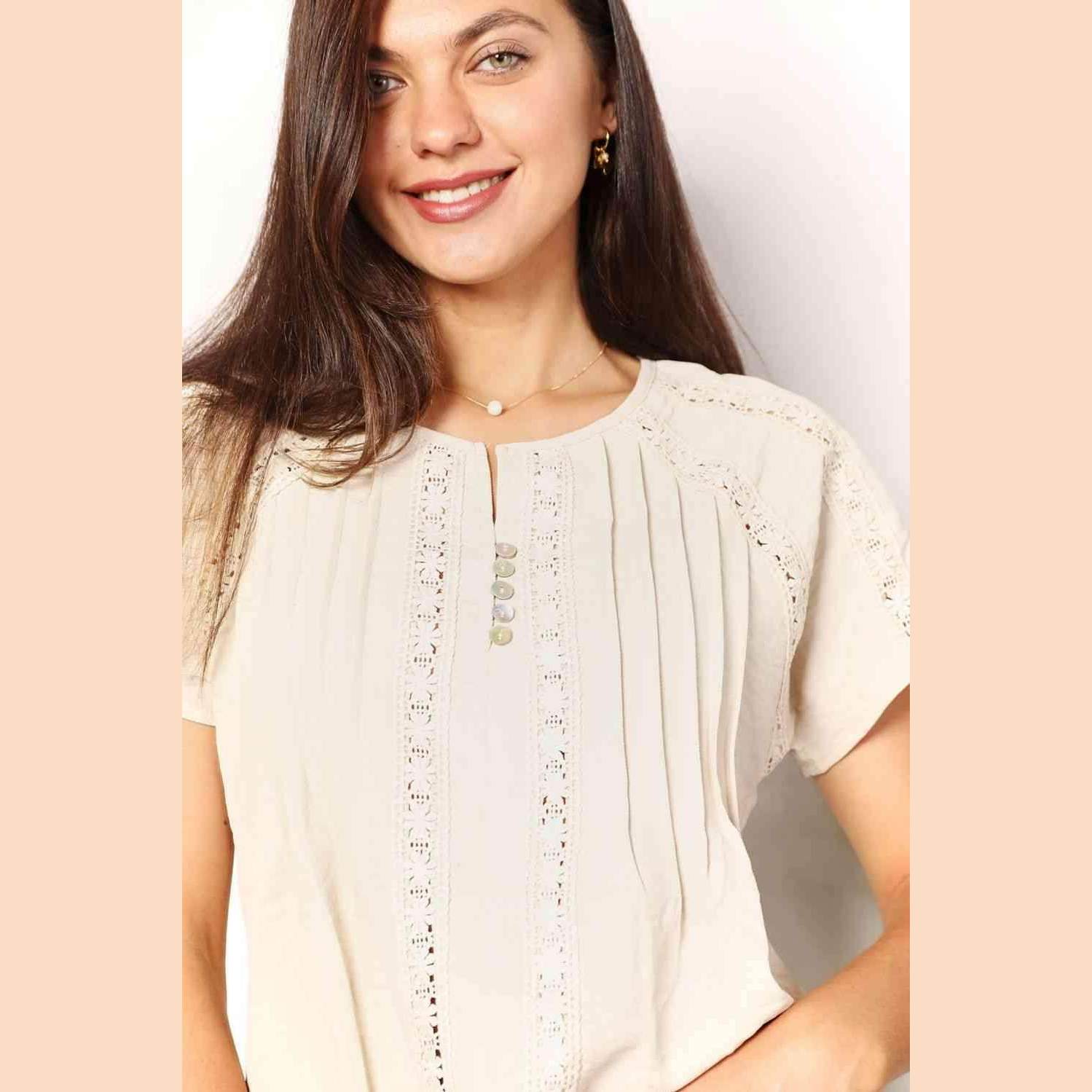 Trendsi Women's double take crochet top in cream with pleated design and button details