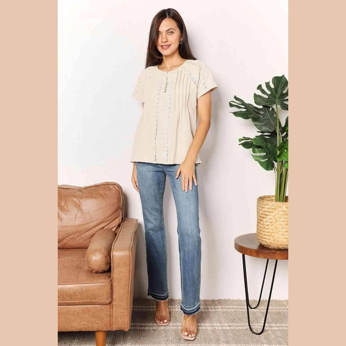 Trendsi double take crochet top in beige with stylish pleats and relaxed fit for casual wear