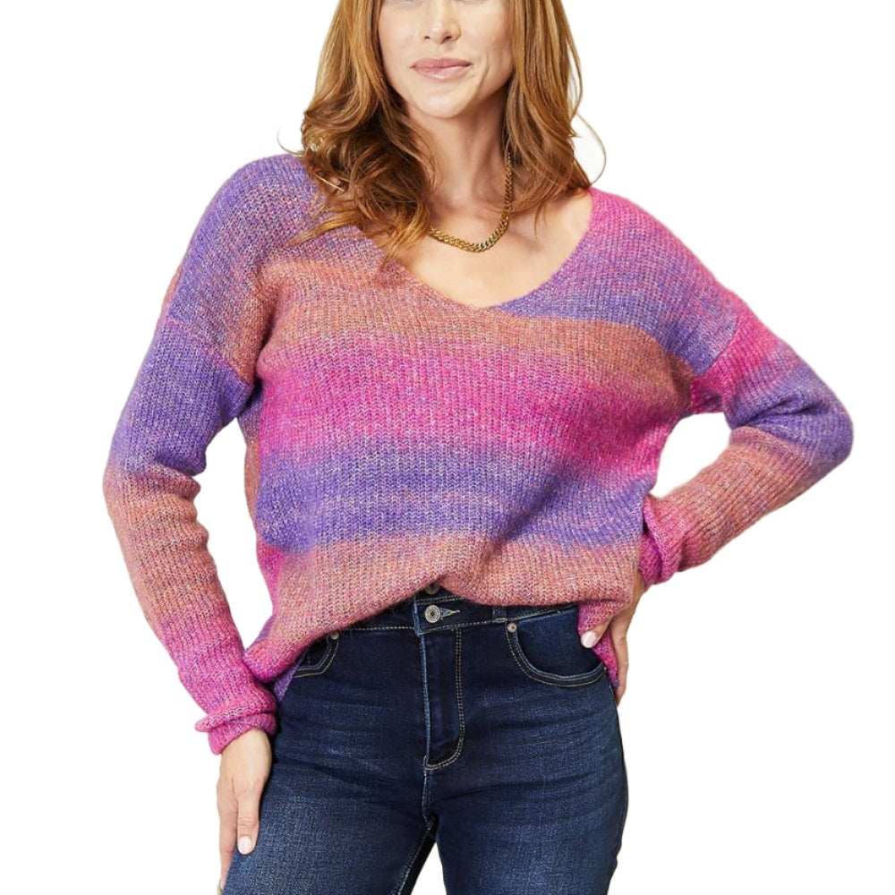 Women's Sweaters Double Take Multicolored Rib-Knit V-Neck Knit Pullover