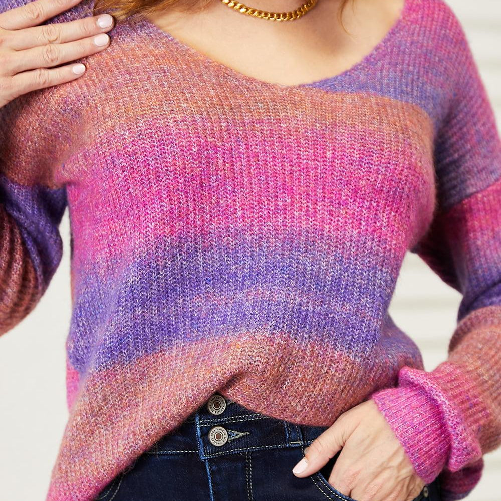 Women's Sweaters Double Take Multicolored Rib-Knit V-Neck Knit Pullover
