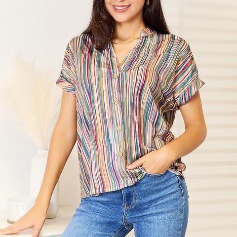 Women's Shirts Double Take Multicolored Stripe Notched Neck Top