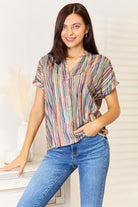 Women's Shirts Double Take Multicolored Stripe Notched Neck Top