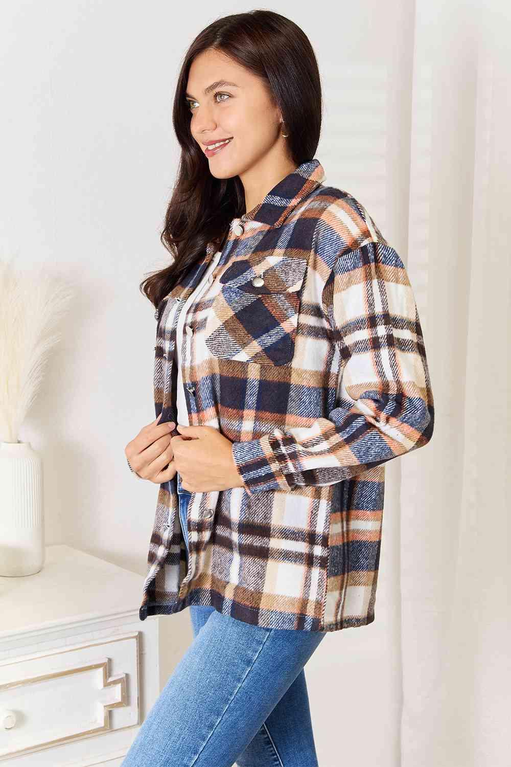 Women's Shirts Double Take Plaid Button Front Shirt Jacket with Breast Pockets