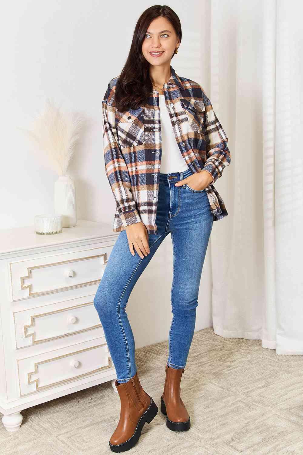 Women's Shirts Double Take Plaid Button Front Shirt Jacket with Breast Pockets