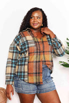 Women's Shirts Double Take Plaid Curved Hem Shirt Jacket with Breast Pockets