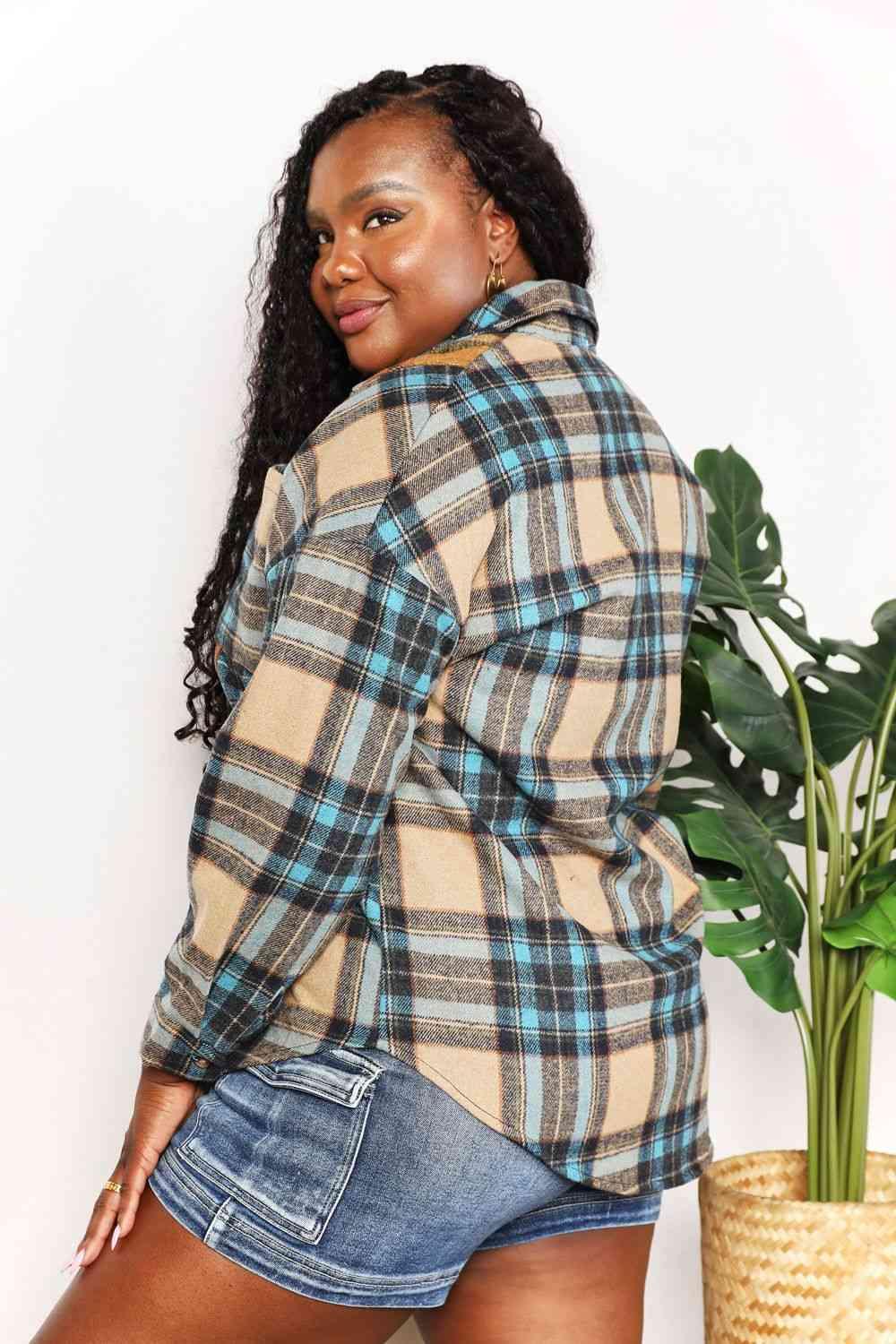 Women's Shirts Double Take Plaid Curved Hem Shirt Jacket with Breast Pockets