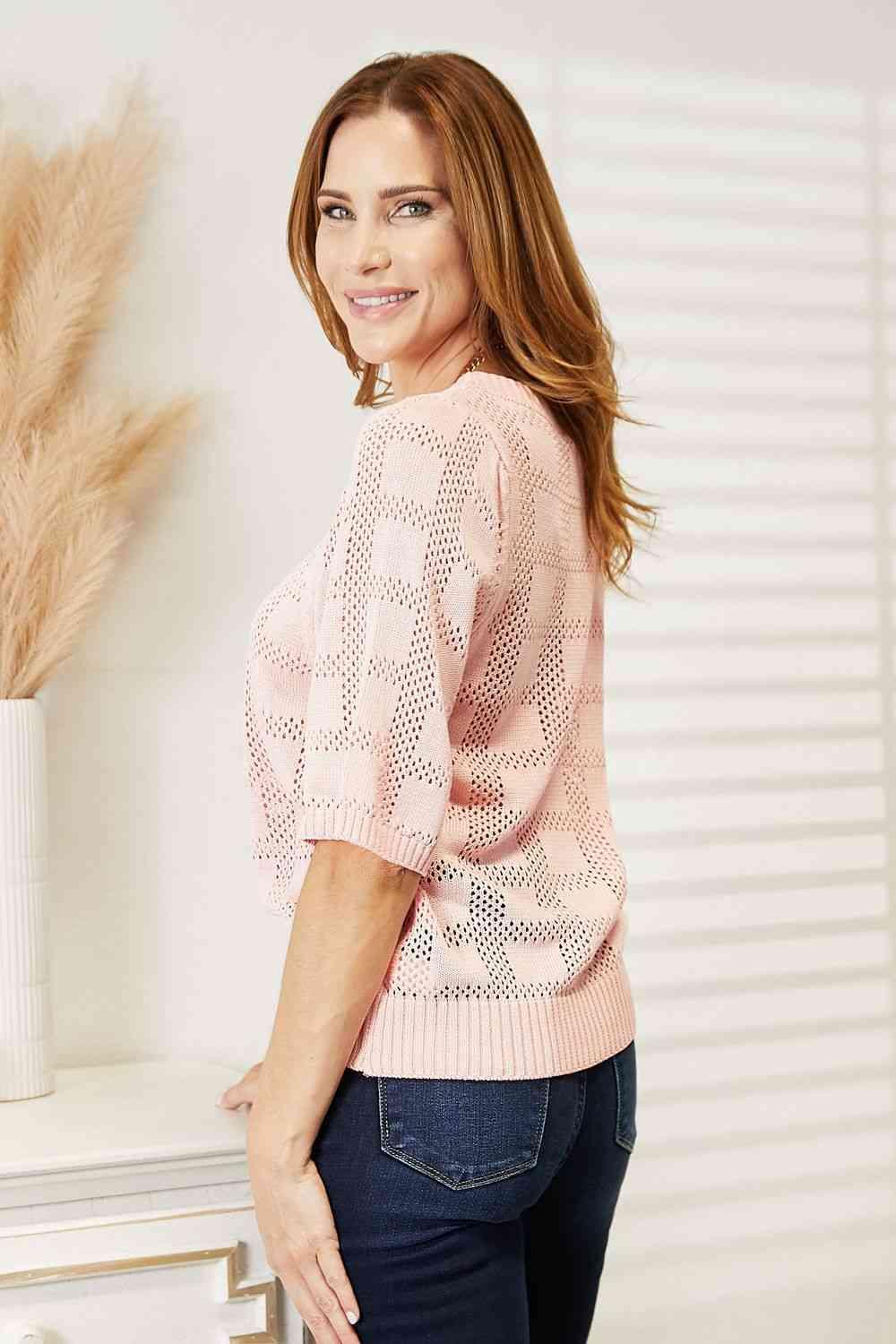 Women's Shirts Double Take Ribbed Trim Round Neck Knit Top