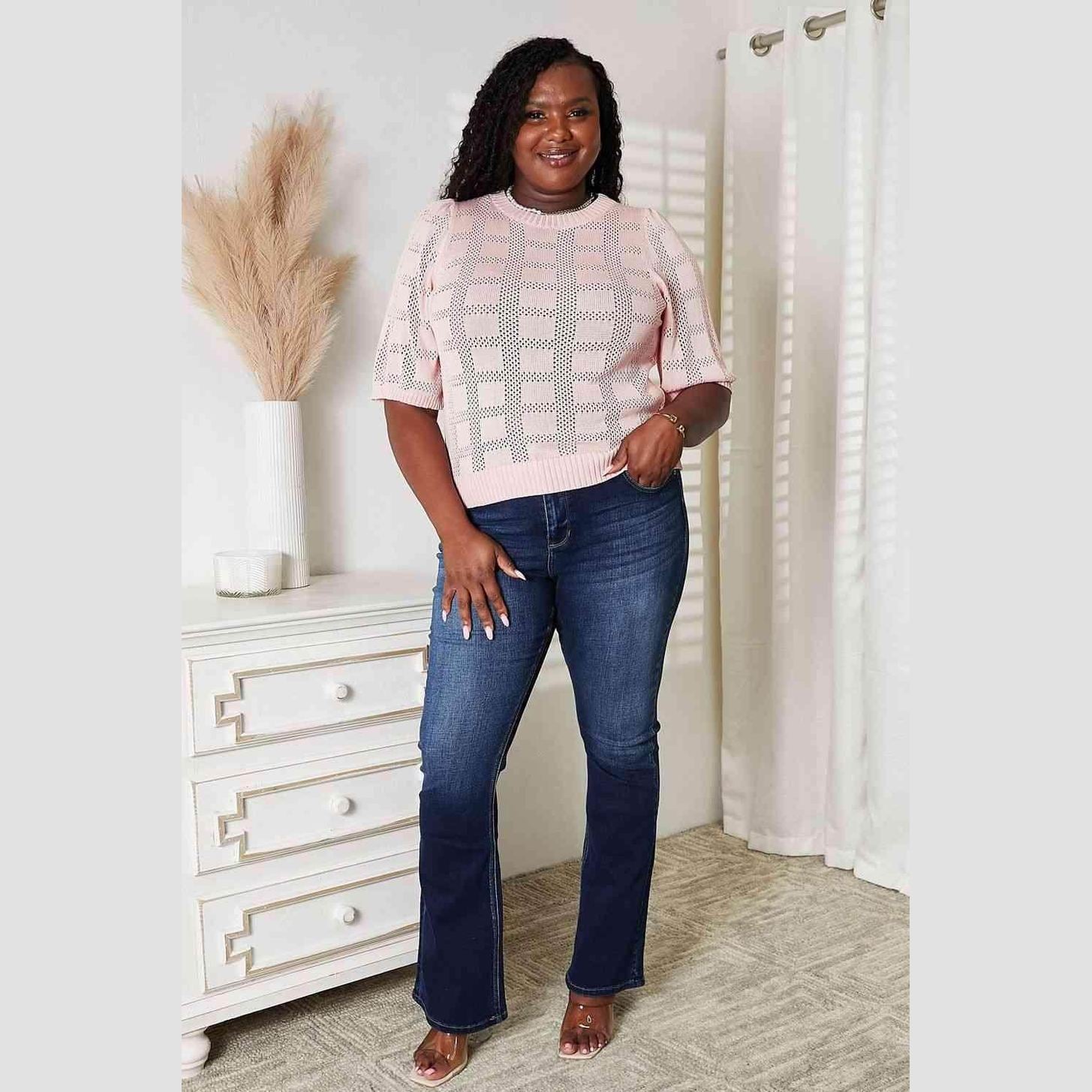 Double Take Ribbed Trim Round Neck Knit Top - VacationGrabs