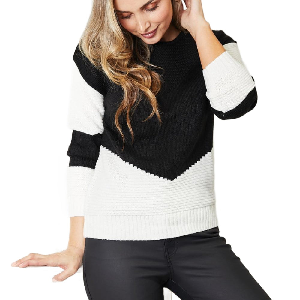 Women's Sweaters Double Take Two-Tone Openwork Rib-Knit Sweater