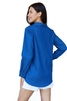 Women's Shirts Doublju Blue Jean Baby Denim Button Down Shirt Top in Dark Blue