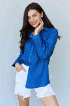 Women's Shirts Doublju Blue Jean Baby Denim Button Down Shirt Top in Dark Blue