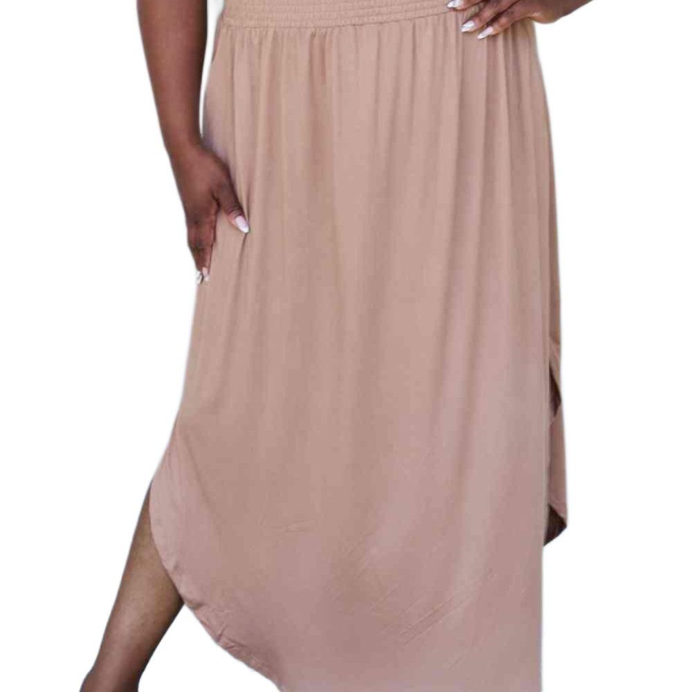 Women's Skirts Doublju Comfort Princess Full Size High Waist Scoop Hem Maxi Skirt in Tan