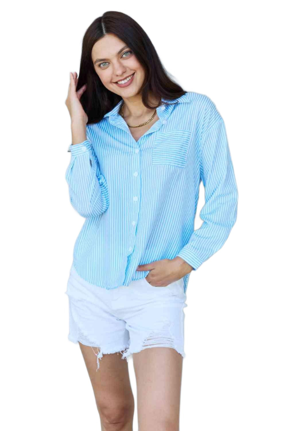 Women's Shirts Doublju She Means Business Striped Button Down Shirt Top