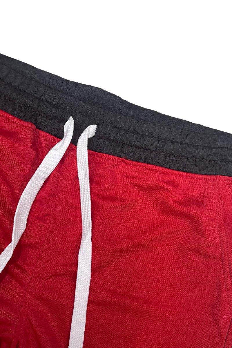 Red drawstring gym shorts from VacationGrabs with elastic waistband and white drawstring