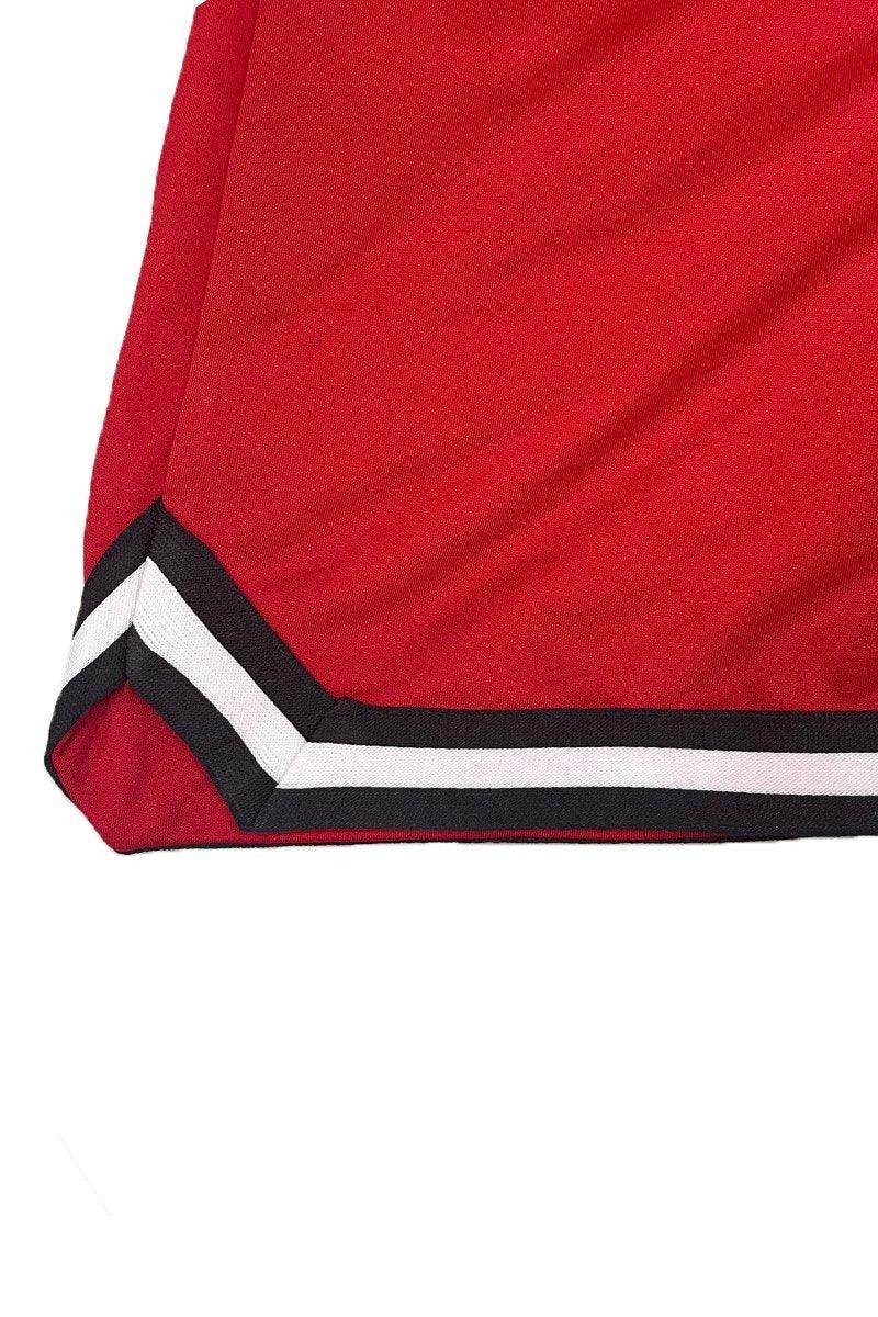 Red VacationGrabs drawstring gym shorts with stylish black and white trim detailing