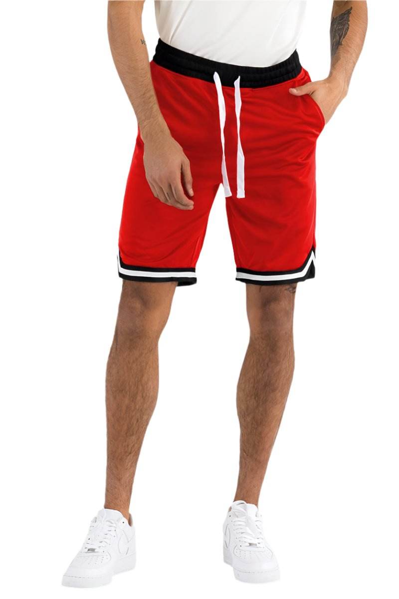 VacationGrabs red drawstring gym shorts for men with stylish black and white accents