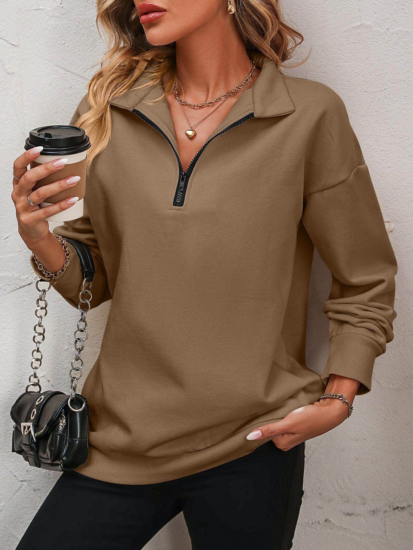 Trendsi dropped shoulder pullover top in brown with quarter zip and relaxed fit for casual style