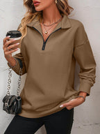 Trendsi dropped shoulder pullover top in brown with quarter zip and relaxed fit for casual style