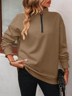 Trendsi Women's dropped shoulder pullover top in brown with half-zip and relaxed fit for casual style