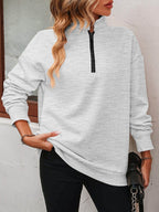 Trendsi Gray Dropped Shoulder Pullover Top with Zip Neck for Comfortable Everyday Wear