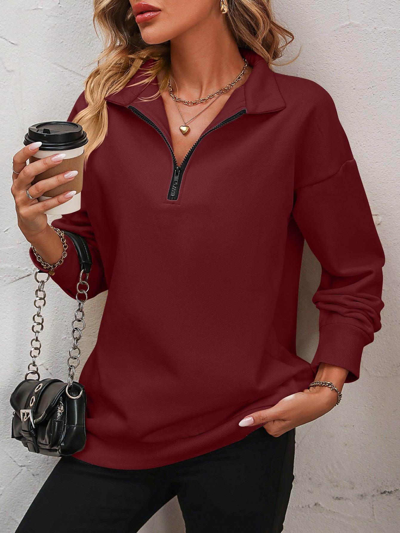 Trendsi dropped shoulder pullover top in burgundy with a half-zip and relaxed fit for casual wear