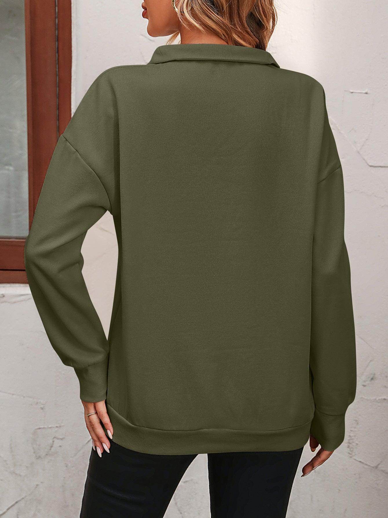 Trendsi women's dropped shoulder pullover top in olive green with a relaxed fit and back view
