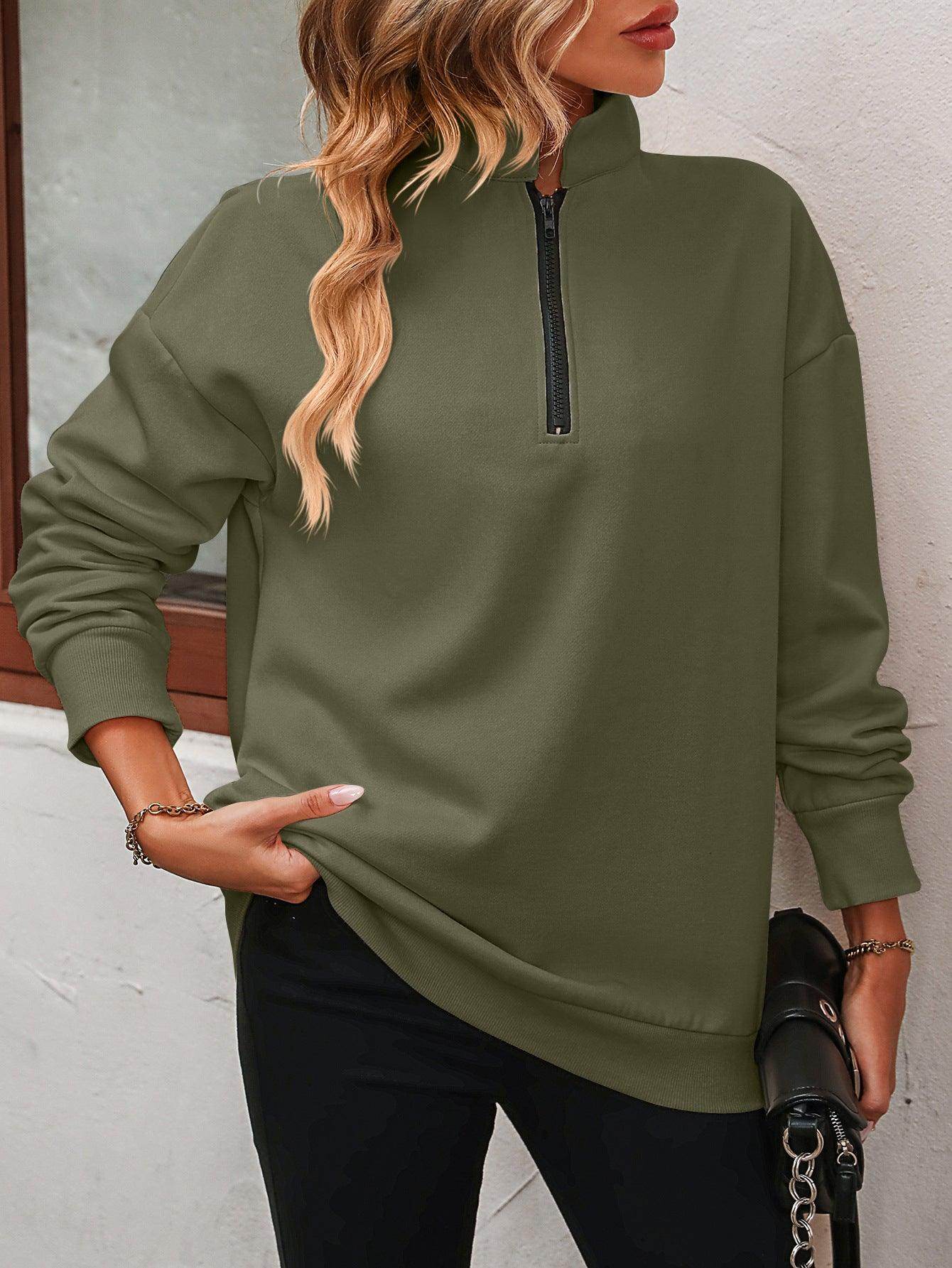 Trendsi Women's dropped shoulder pullover top in olive green with a half-zip collar for a trendy look
