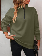Trendsi Women's dropped shoulder pullover top in olive green with a half-zip collar for a trendy look