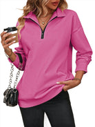 Trendsi Women's Dropped Shoulder Pullover Top in Pink with Half-Zip Design for Casual Style