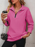 Trendsi Women's Pink Dropped Shoulder Pullover Top with Zip Neck and Long Sleeves