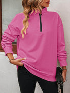 Trendsi Women's Dropped Shoulder Pullover Top in Pink with Zip Neck and Comfortable Fit