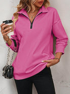 Trendsi women's dropped shoulder pullover top in pink with a quarter-zip and relaxed fit