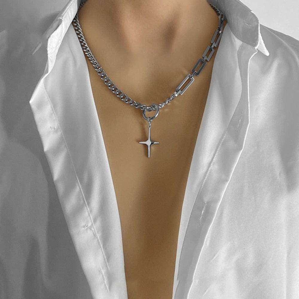 Men's dual design necklace chain featuring a unique layered style with a cross pendant