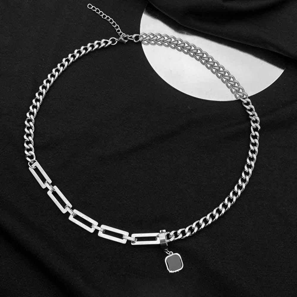 Men's jewelry dual design necklace chain featuring a mix of link styles in silver tone
