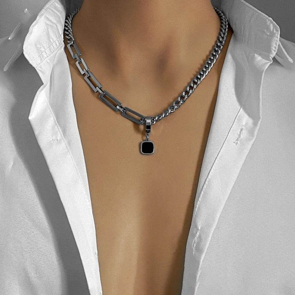 Men's jewelry featuring a dual design necklace chain with square pendant in stylish silver finish