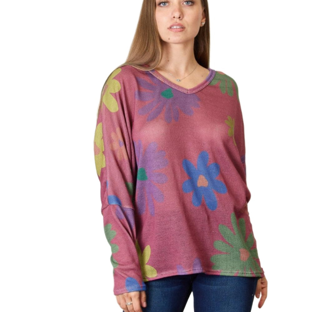 Women's Shirts Hopely Full Size Floral V-Neck Long Sleeve Top