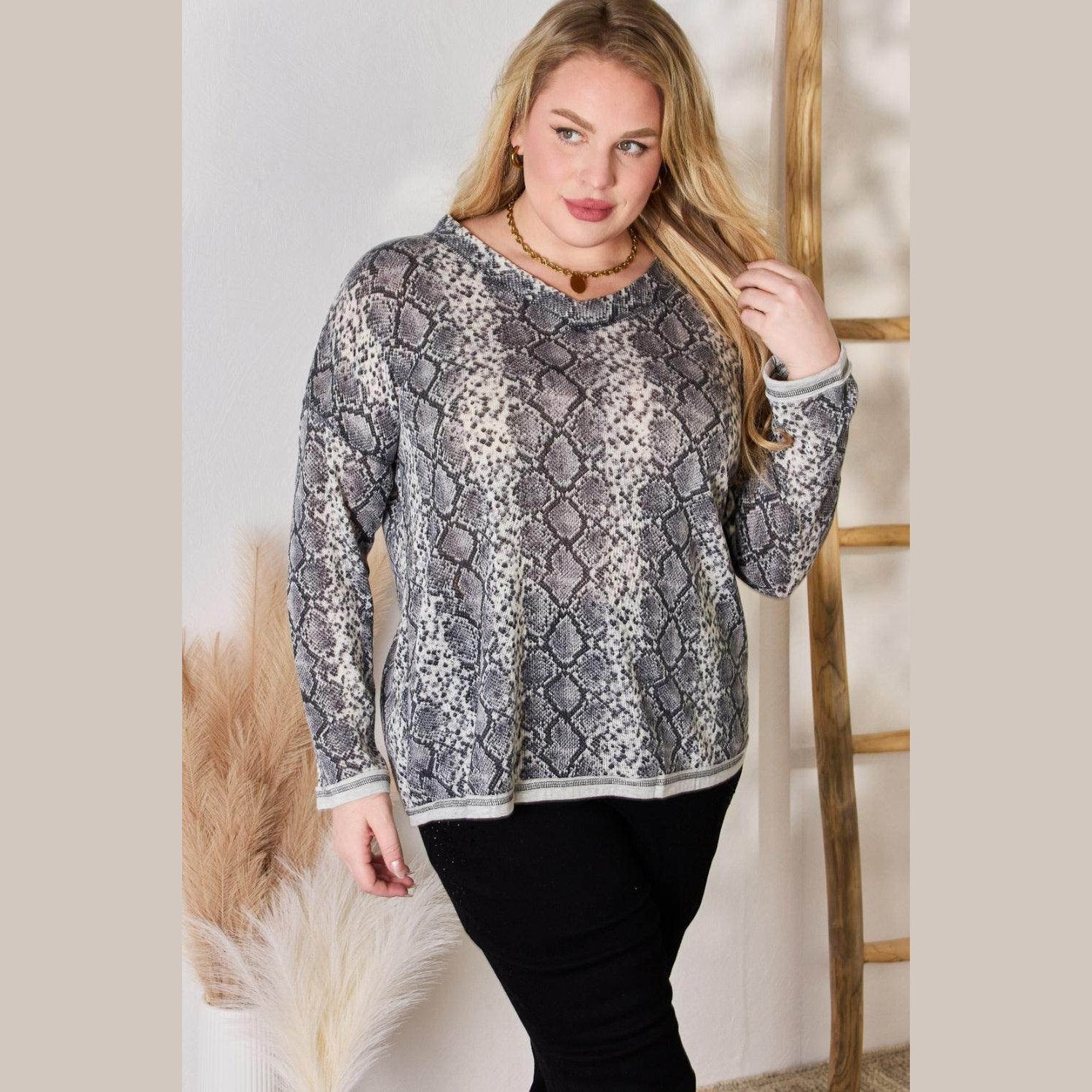 Hailey & Co Full Size Snakeskin V-Neck Long Sleeve Top - VacationGrabs