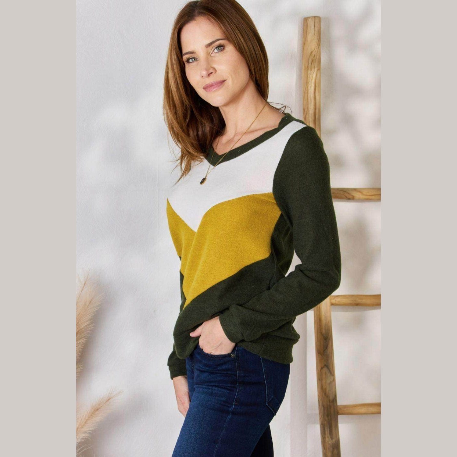 Hailey & Co Full Size Colorblock V-Neck Blouse - VacationGrabs