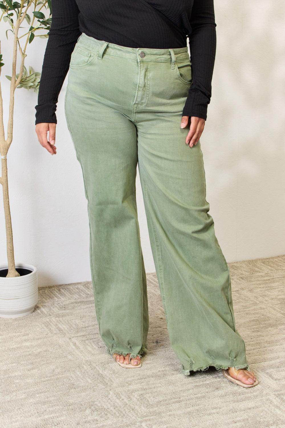 Risen Full Size Raw Hem Wide-Leg Jeans - VacationGrabs