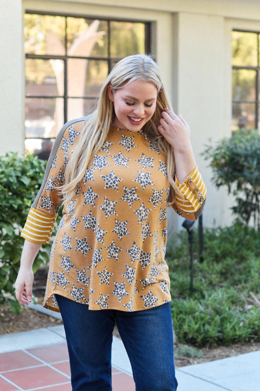 Women's Shirts Celeste Design Full Size Leopard Star Contrast Top