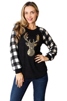 Women's Shirts Heimish Full Size Sequin Reindeer Graphic Plaid Top