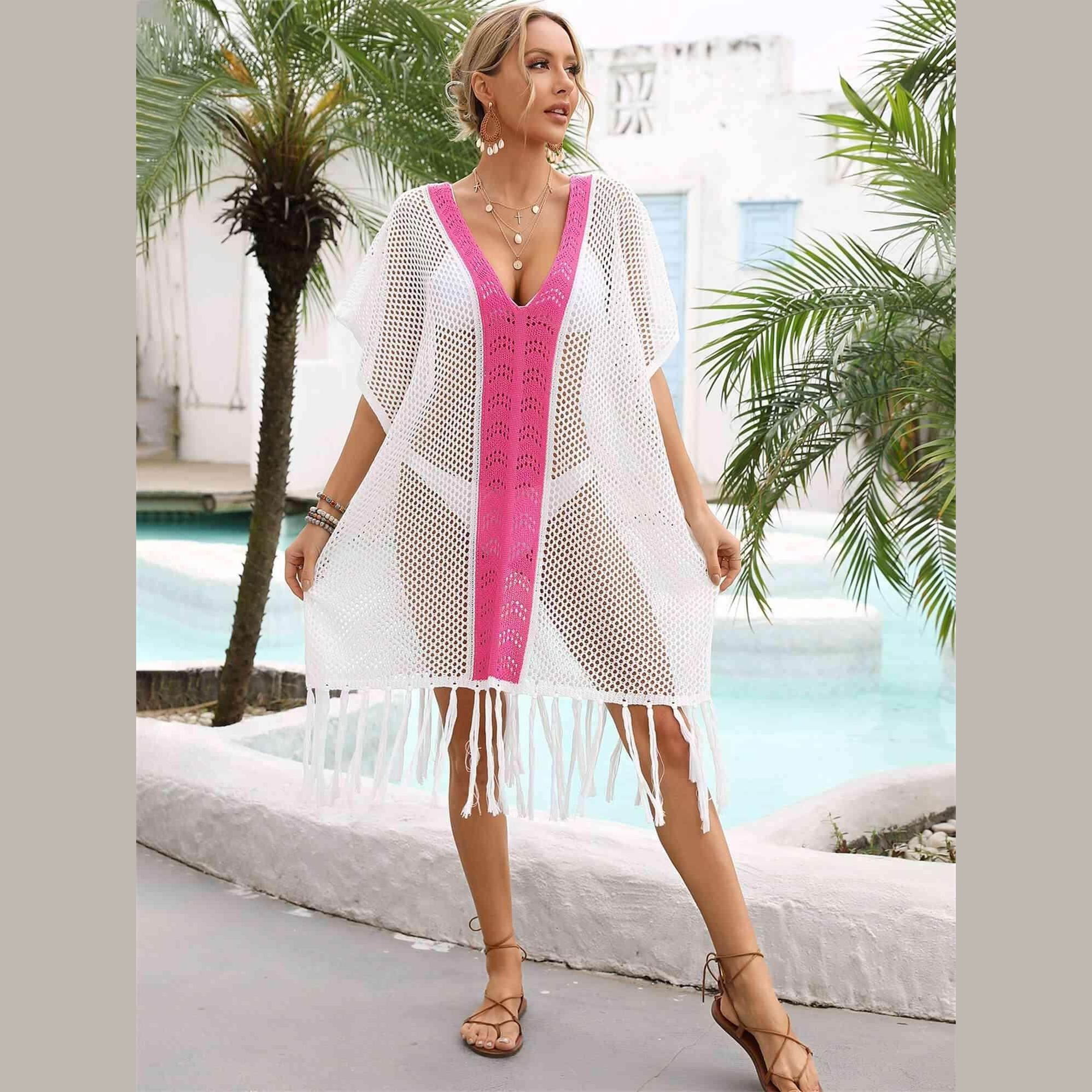 Contrast Fringe Trim Openwork Cover-Up Dress - VacationGrabs