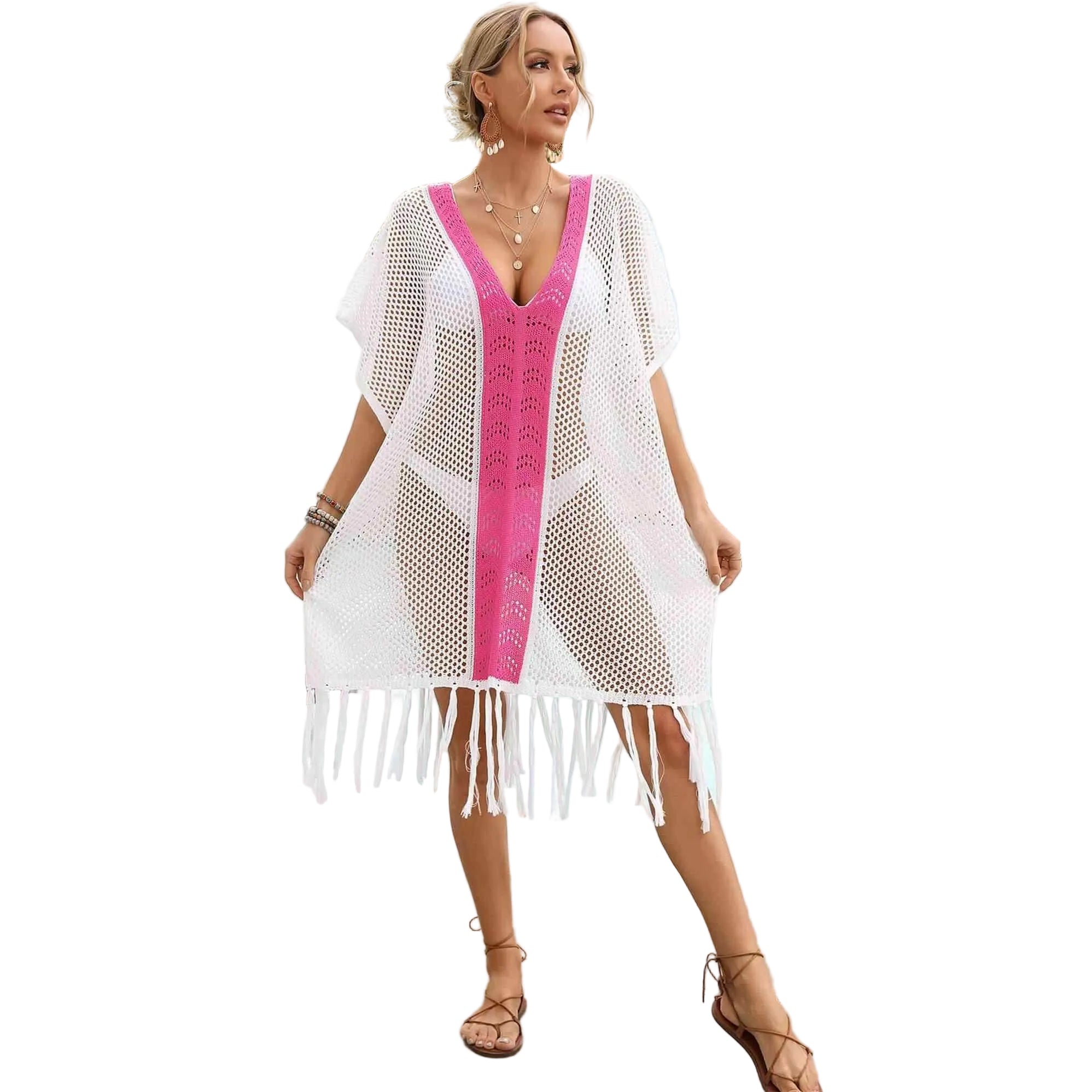 Contrast Fringe Trim Openwork Cover-Up Dress - VacationGrabs