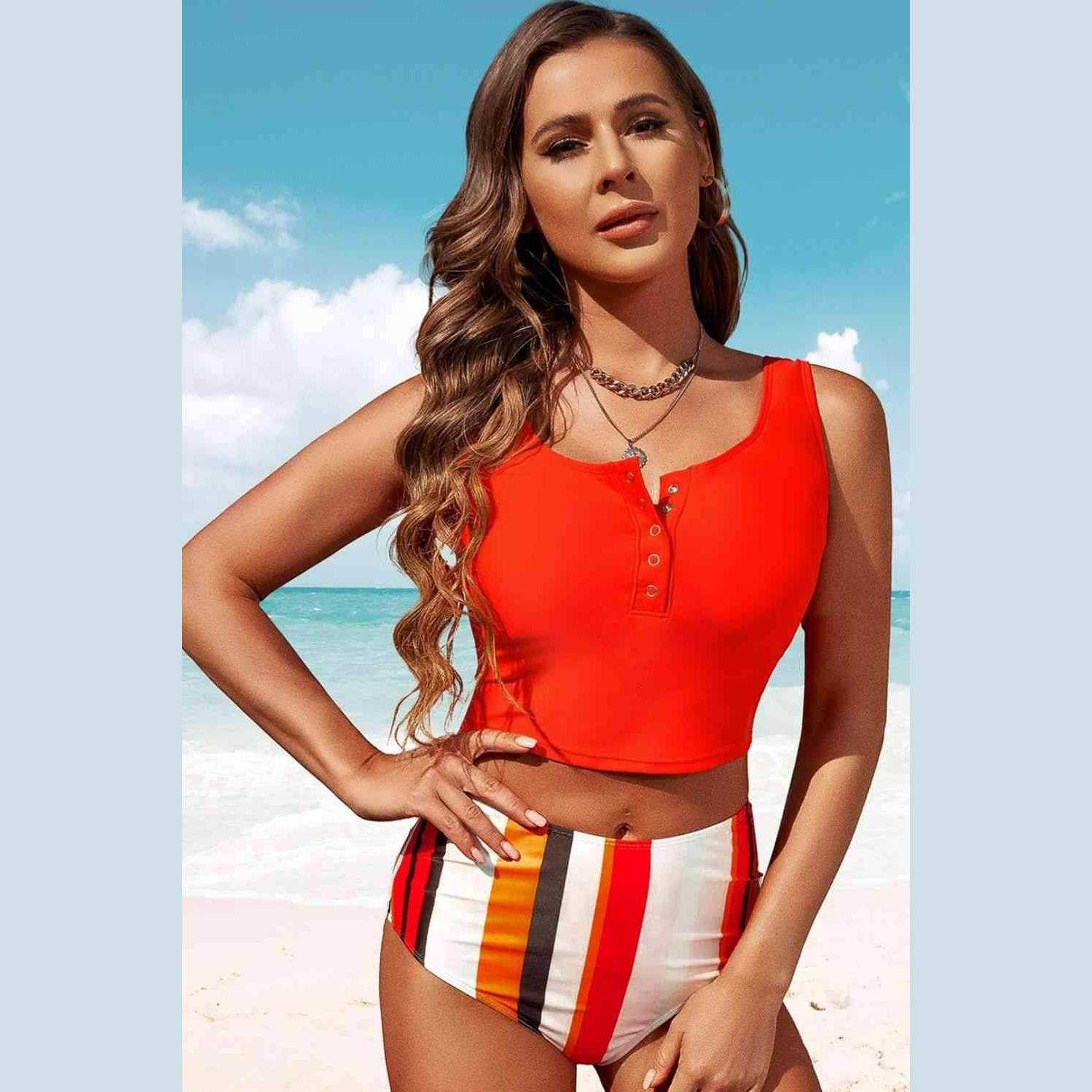 Half Snap Square Neck Tankini Set - VacationGrabs