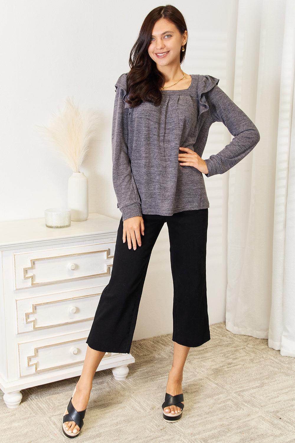 Double Take Square Neck Ruffle Shoulder Long Sleeve T-Shirt - VacationGrabs