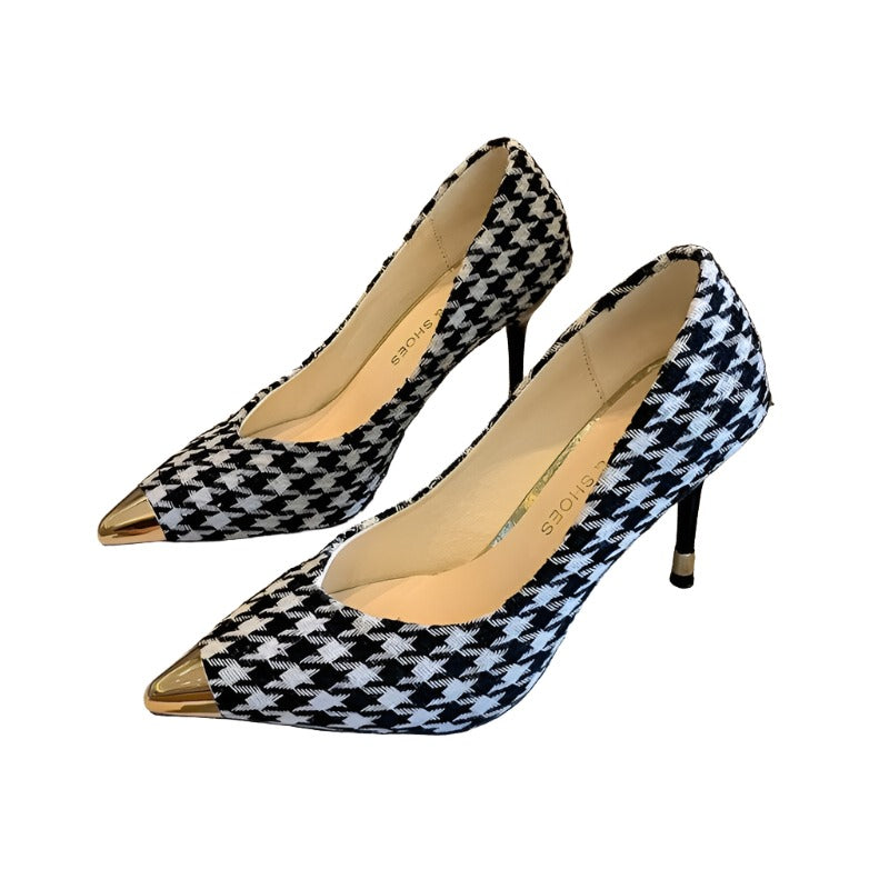 Women's Shoes - Heels Elegant Ladies Faux Suede Houndstooth 3 Inch High Heel...