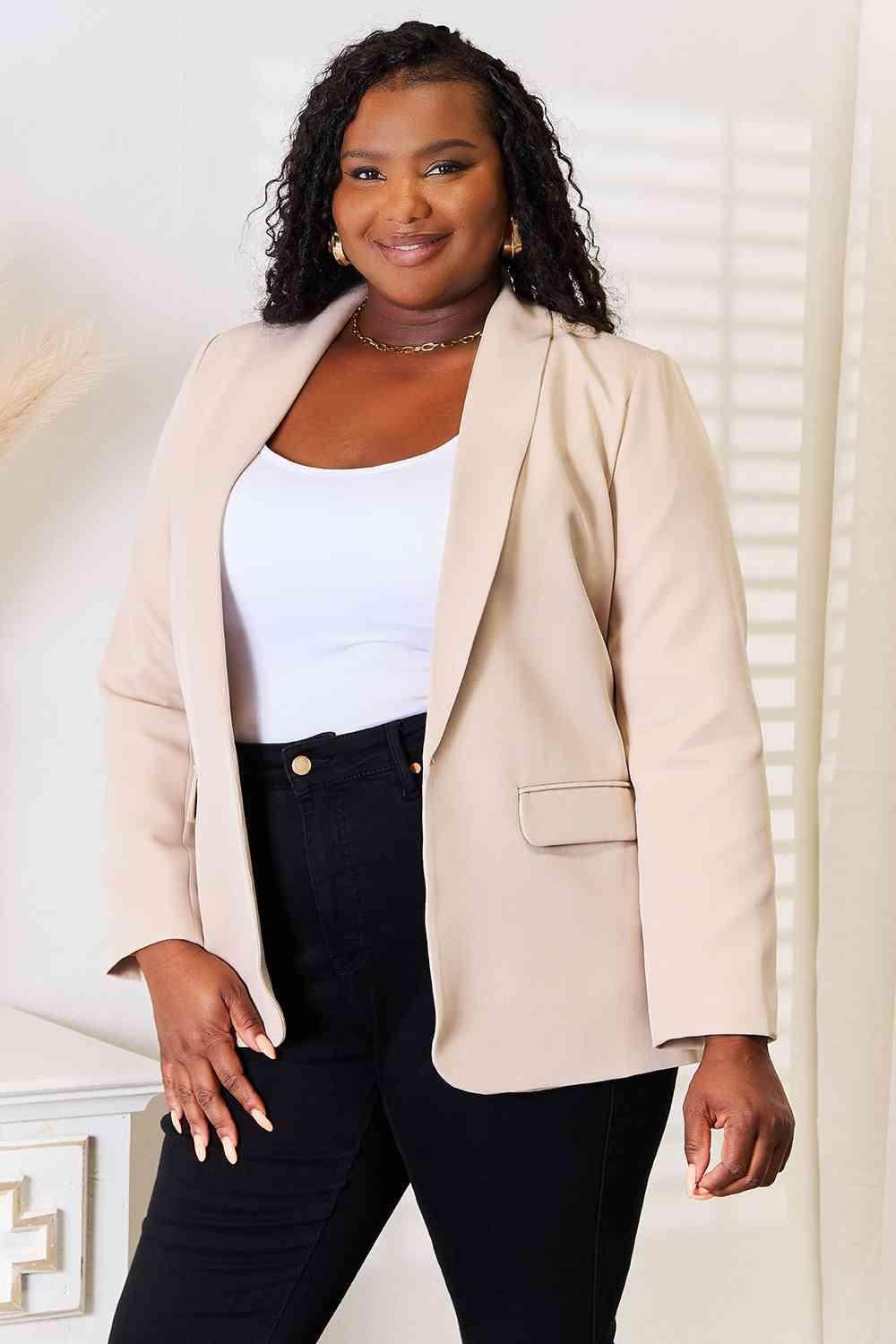Trendsi elegant long sleeve blazer in beige, perfect for stylish layering over outfits