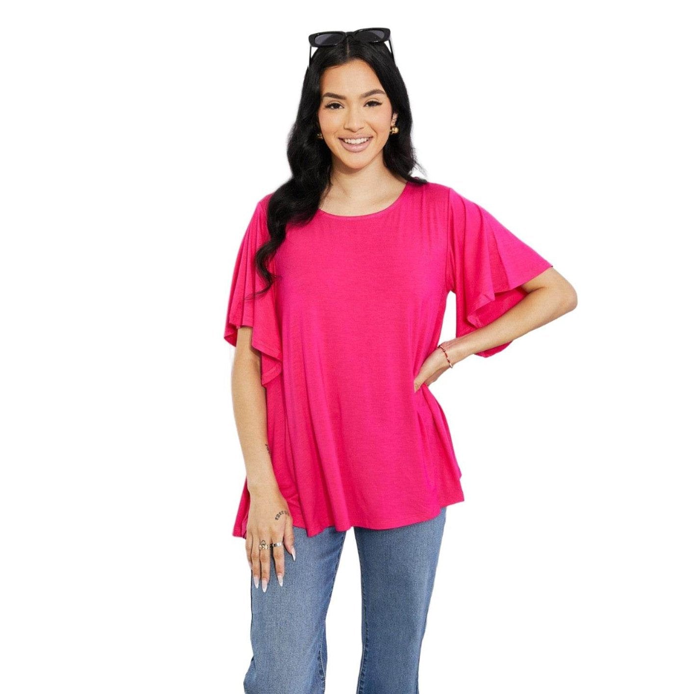 Trendsi elegant pink top with flared sleeves, perfect for casual outings or stylish layering